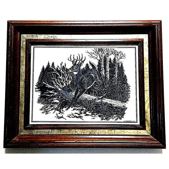 Deer Engraved 3D Art by Christensen Authentic Art Certified 1984 Wood Frame